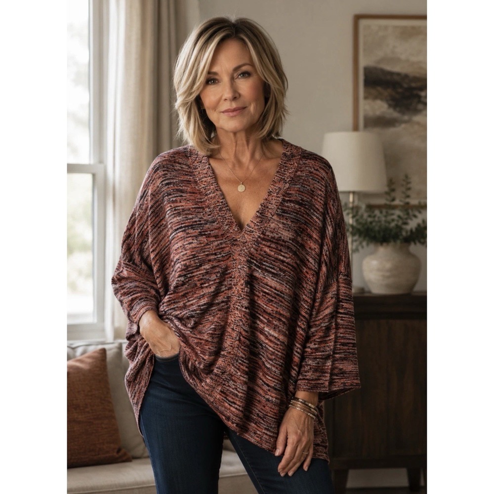 J Jill Pure Jill Marled Knit Sweater V Neck Tunic Top Dolman Sleeve Relaxed Sm
